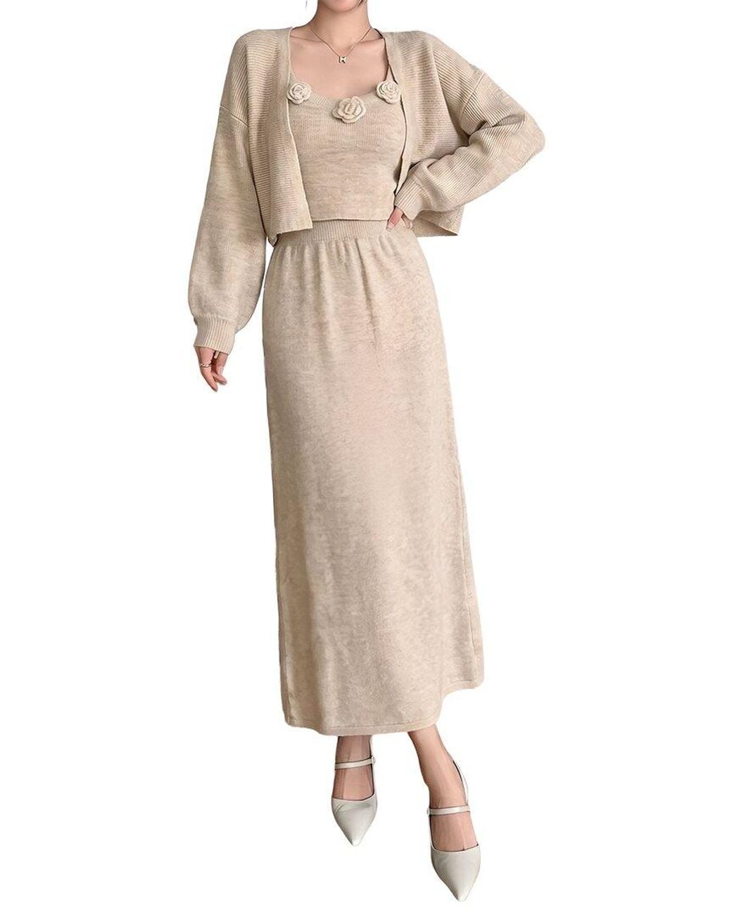 Tedora Natural 3P Cardigan, Top, & Skirt Set