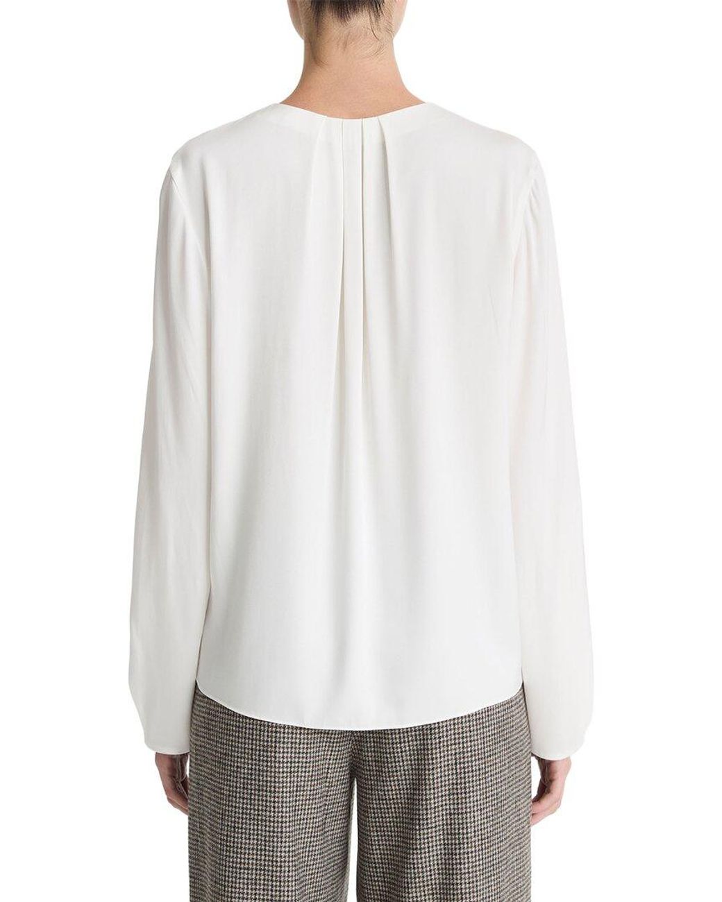 Vince White Pleated Neck Silk-Blend Blouse