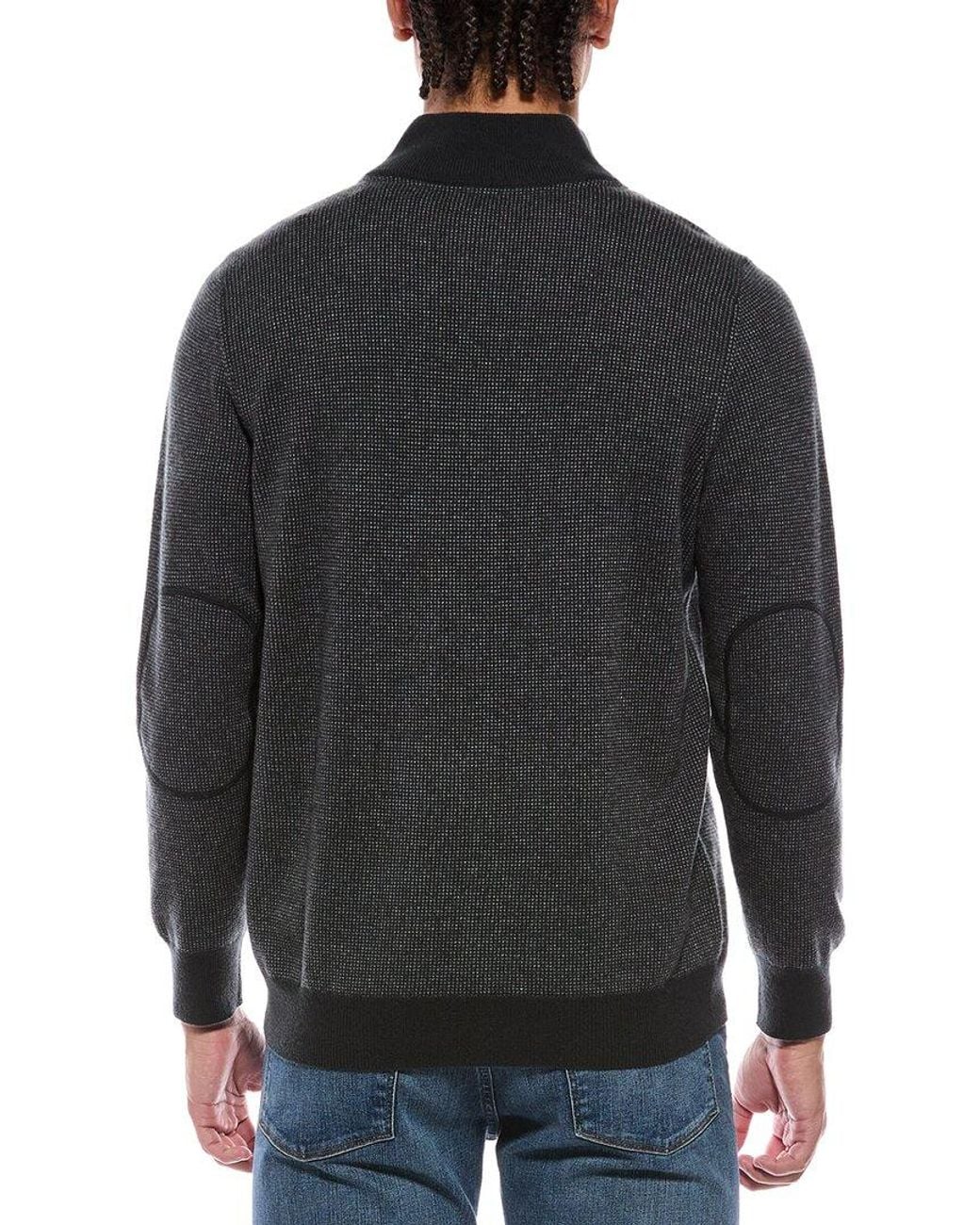 N.Peal Cashmere Black Carnaby Birdseye 1/2-Zip 100% Cashmere Mock Neck Sweater for men