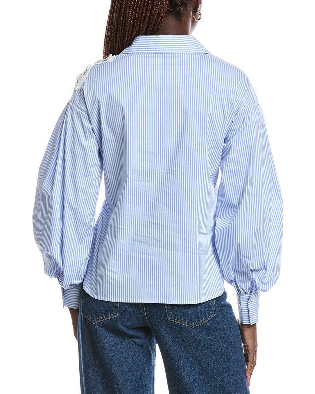 Gracia Blue Embroidered Stripe Wrap Style Puff Sleeve Top