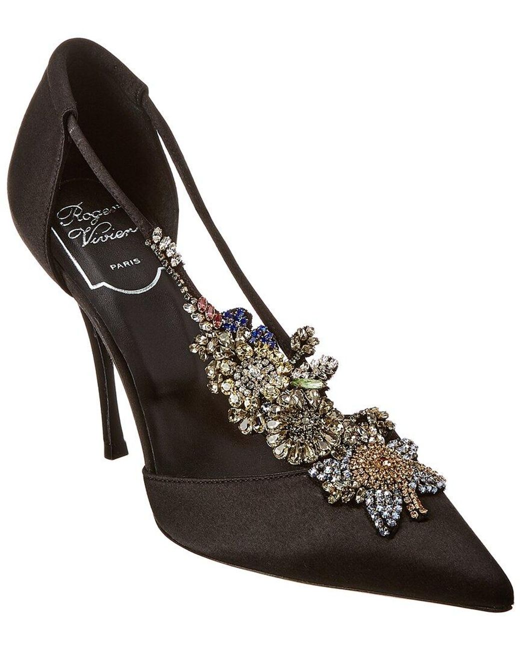 Roger Vivier Black Dorsay V Sin Courrone De Fleurs Silk Pump