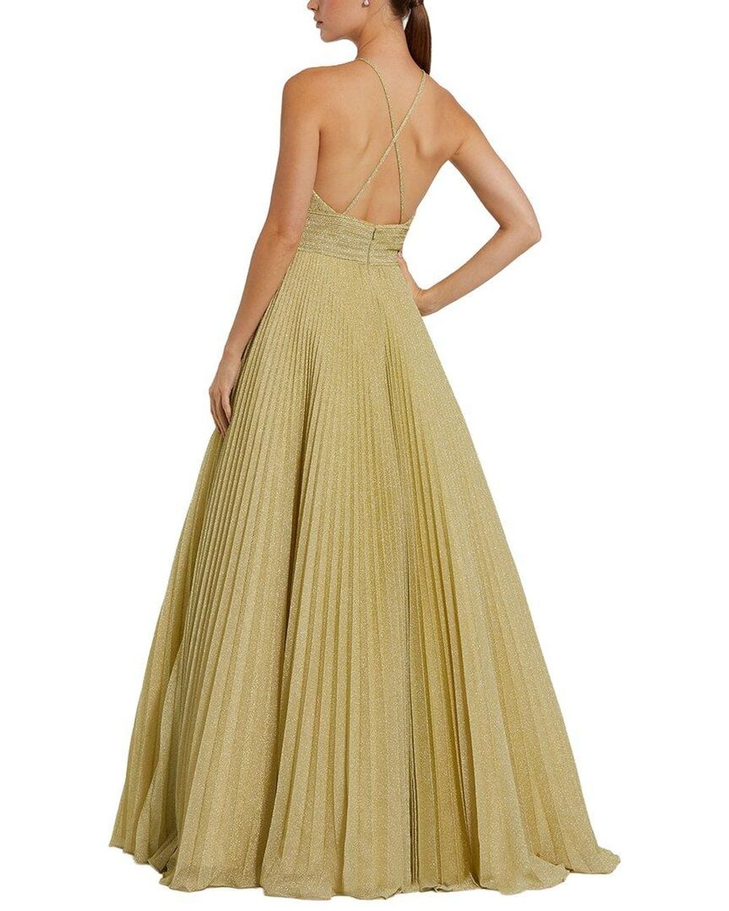 Mac Duggal Metallic Shimmering Pleated High Neck Ball Gown