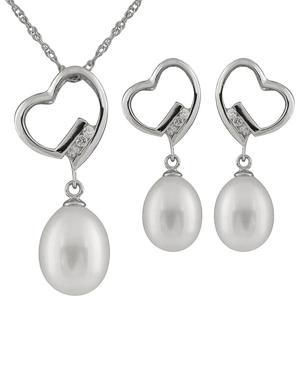 Splendid White Splendid Pearl & Czs Silver 7-8mm Freshwater Pearl & Cz Earrings & Necklace Set