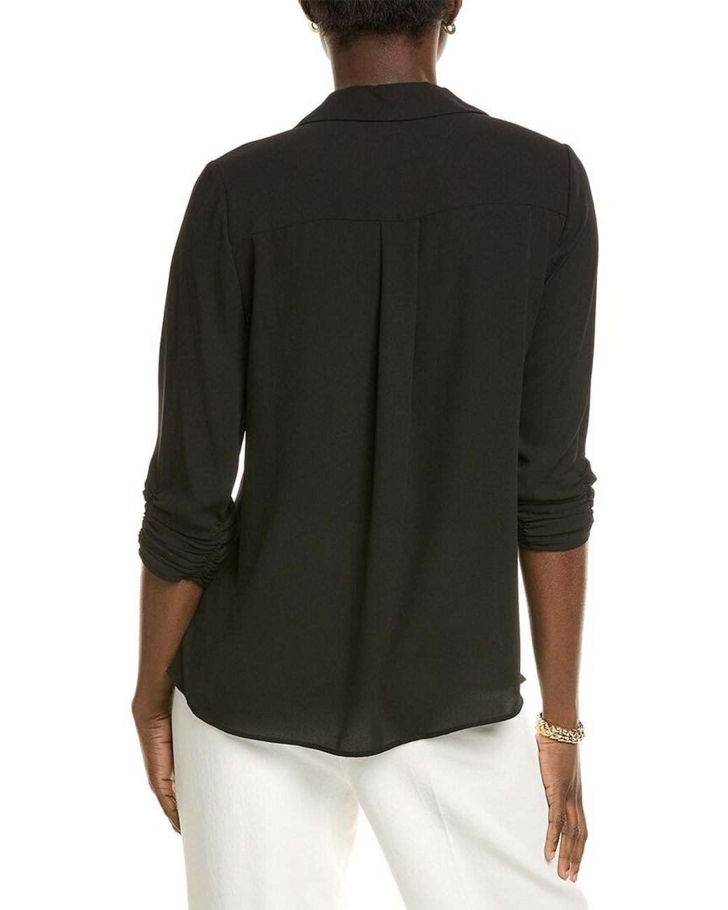 Tahari Black Collared Split Neck Button-Down Blouse