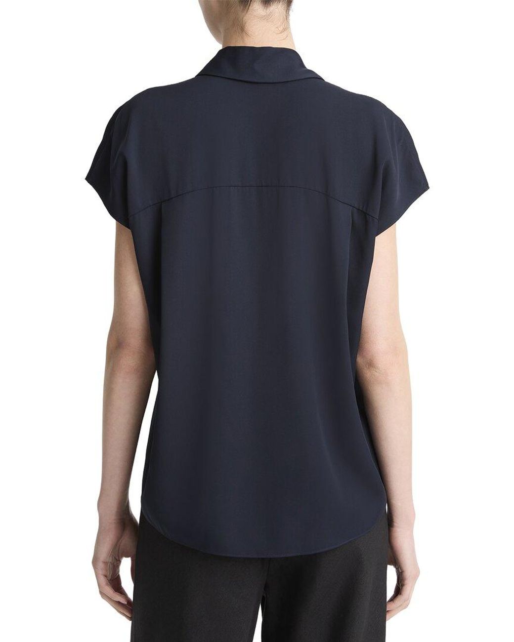 Vince Black Cap Sleeve Hidden Placket Silk-Blend Blouse