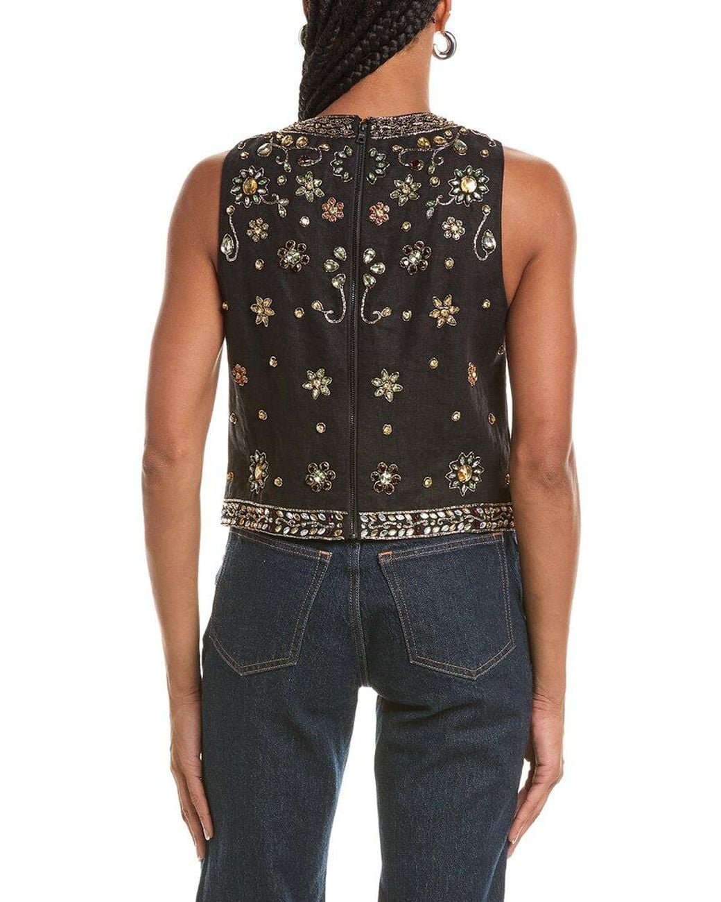 Alice + Olivia Black Amal Embellished Linen Boxy Tank Top