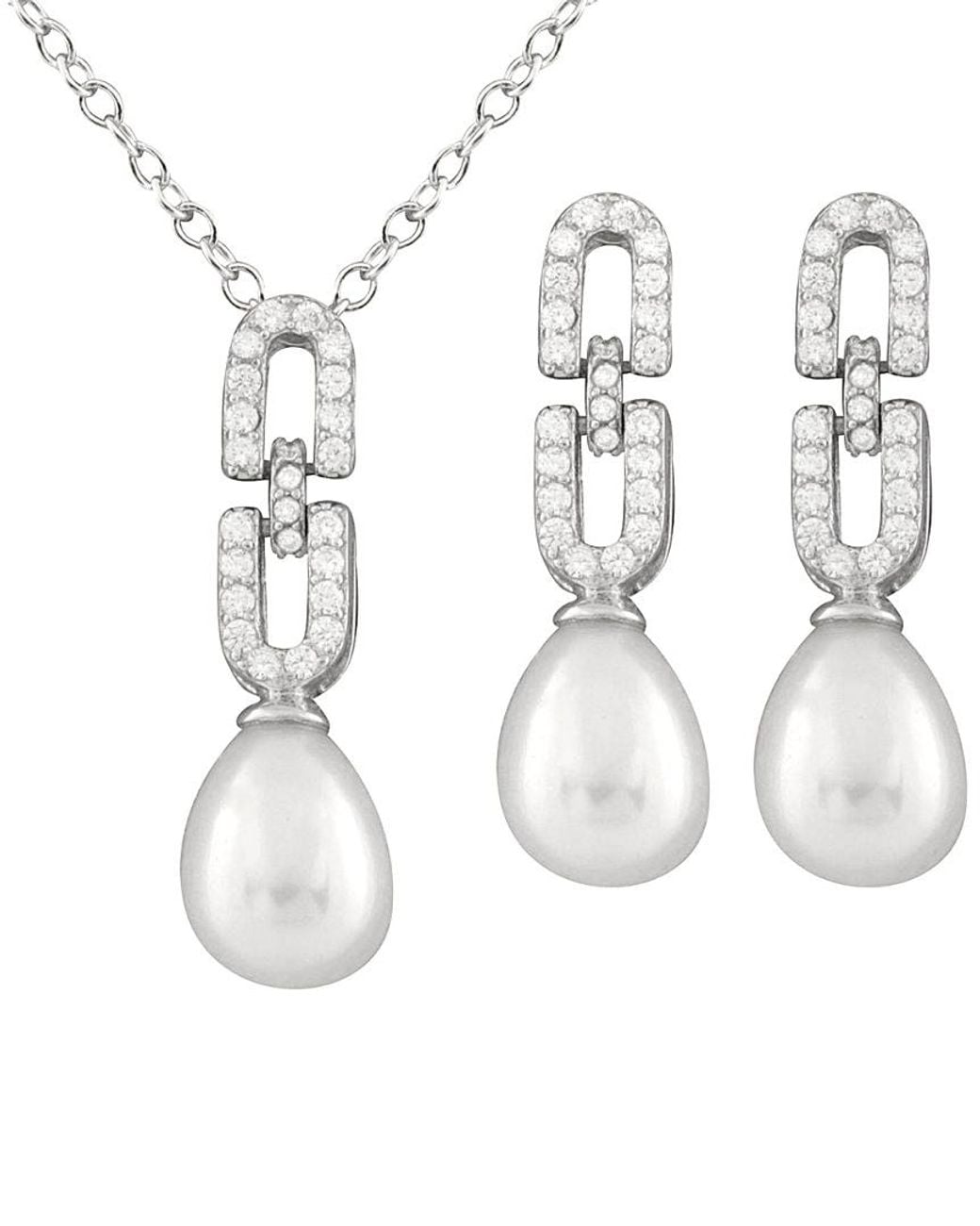 Splendid White Rhodium Plated Silver 7.5-8mm Freshwater Pearl & Cz Drop Earrings & Necklace Set