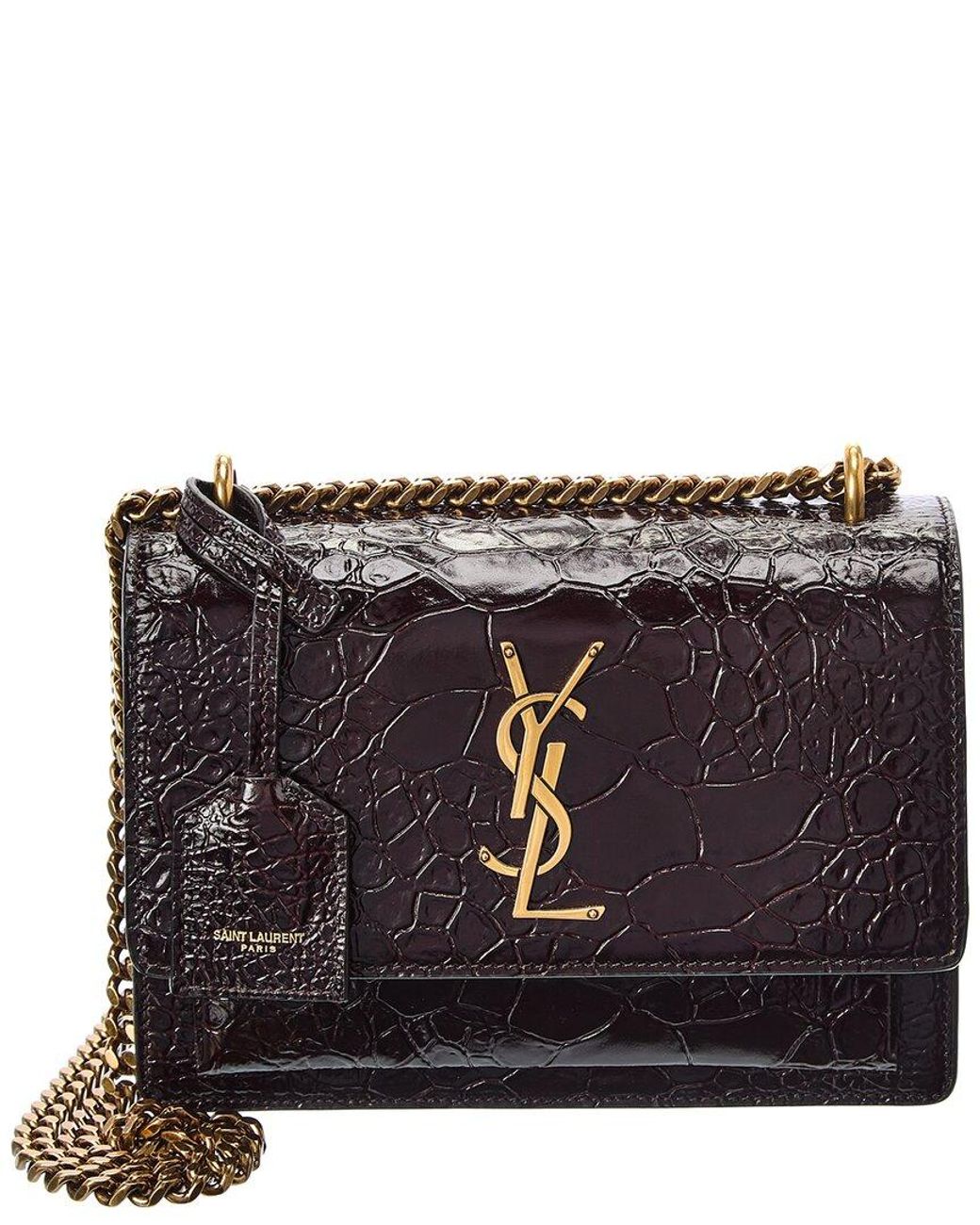 Saint Laurent Sunset Small Crocembossed Leather Shoulder Bag in Black