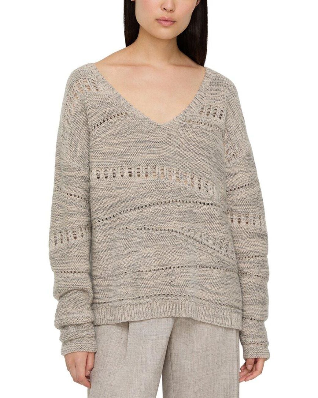 Lafayette 148 New York Gray Asymmetric V Neck 100% Cashmere Sweater