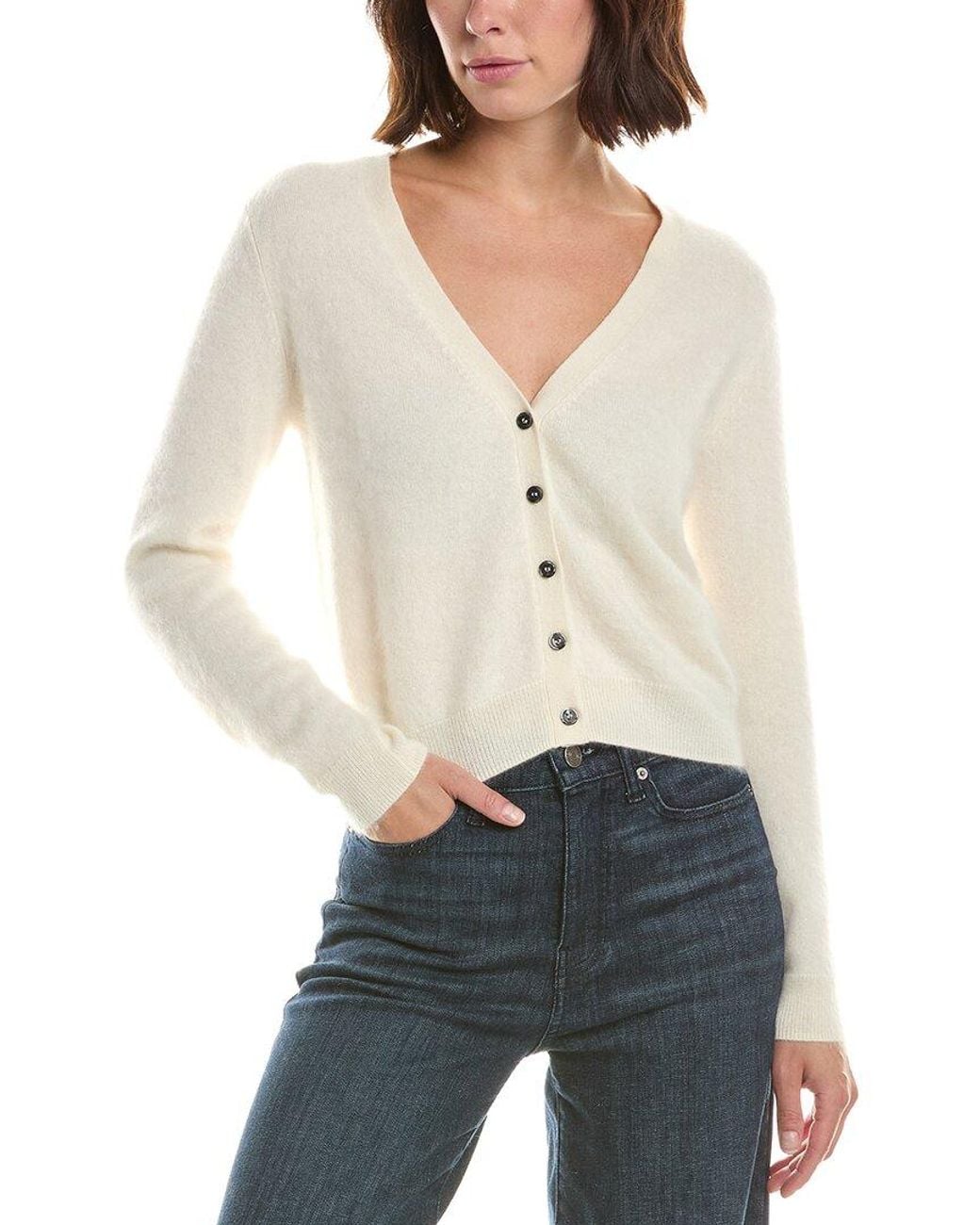 Sofiacashmere White Brushed Cashmere Cropped 100% Cashmere Cardigan