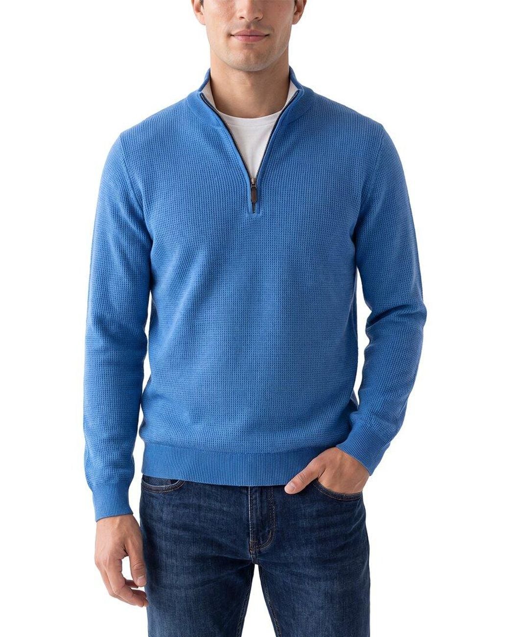 N.Peal Cashmere Blue Carnaby Birdseye 1/2-Zip 100% Cashmere Mock Neck Sweater for men