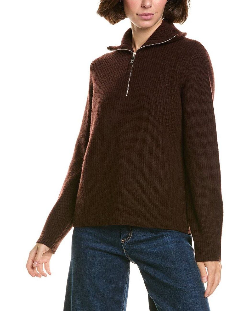 InCashmere Brown Zip Polo Box Stitch Wool & Cashmere-Blend Pullover