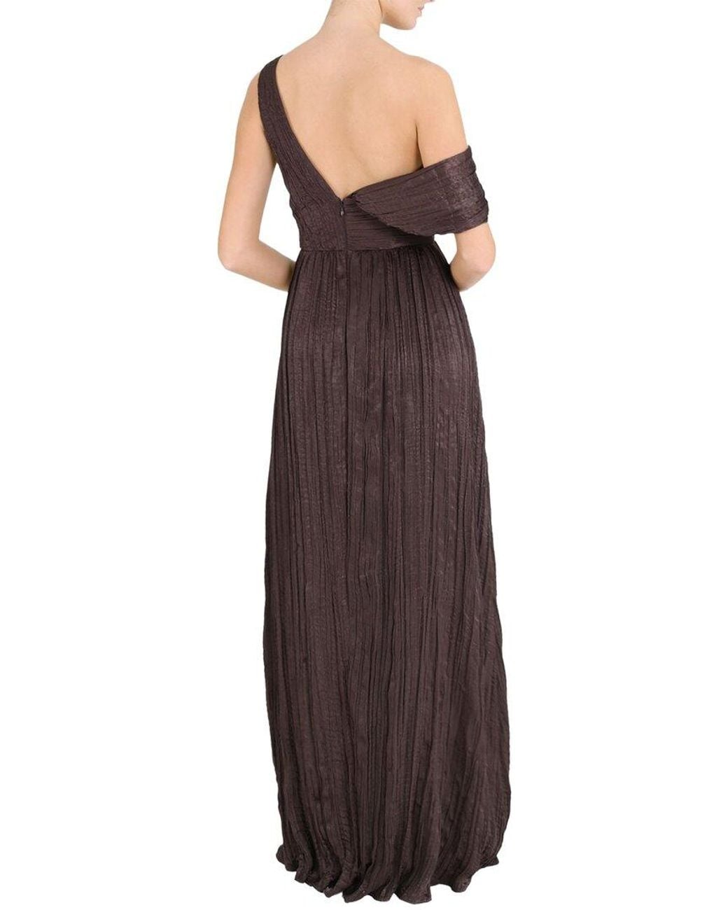 Marchesa Brown One-Shoulder Pleated Satin Gown
