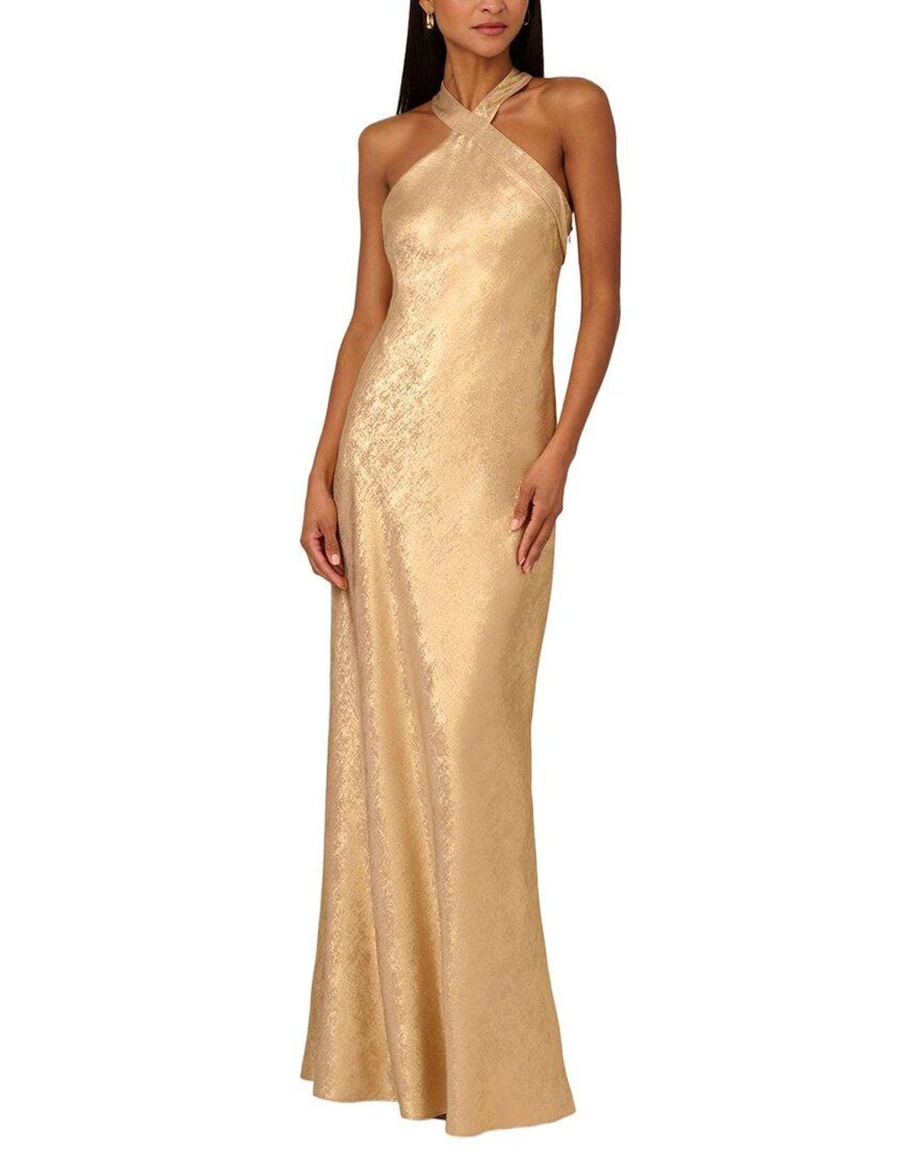 Adrianna Papell White Foiled Woven Halter Gown