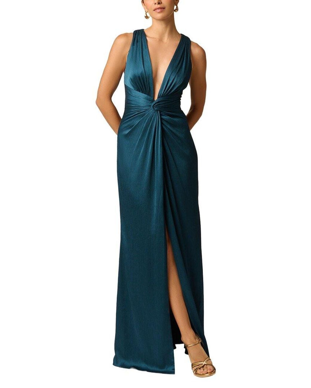 ADRIANNA EVE Blue Crinkle Satin Long Dress