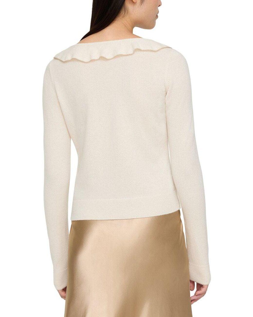 Lafayette 148 New York Natural Ruffle Trim Button Front 100% Cashmere Sweater