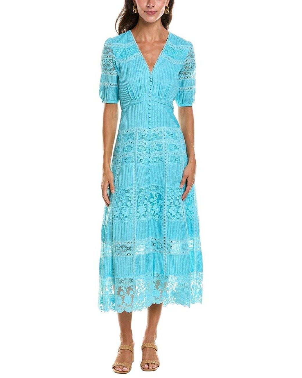 Saloni Blue Lea Pintuck Midi Dress