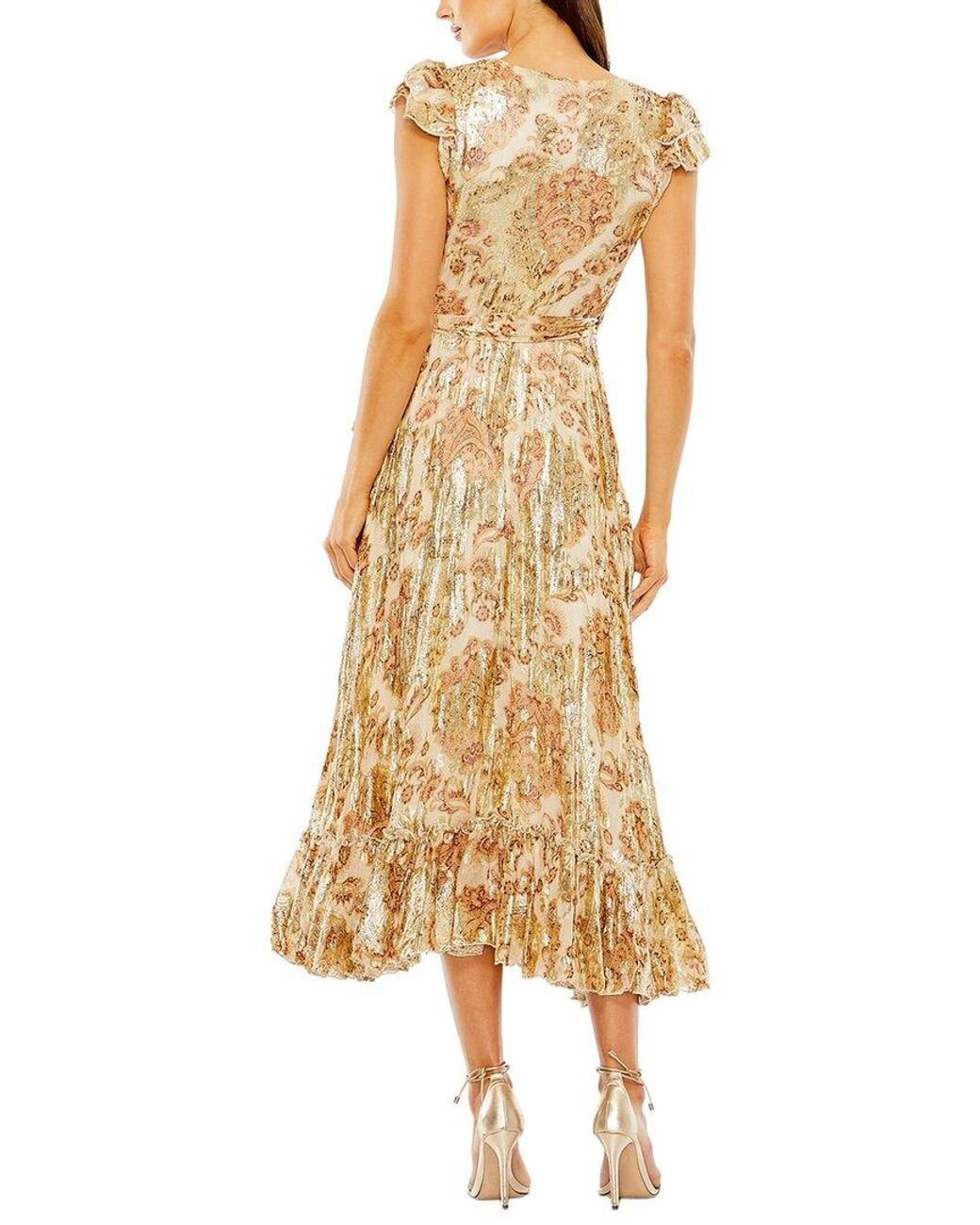 Mac Duggal Metallic Flutter Sleeve Floral Dress