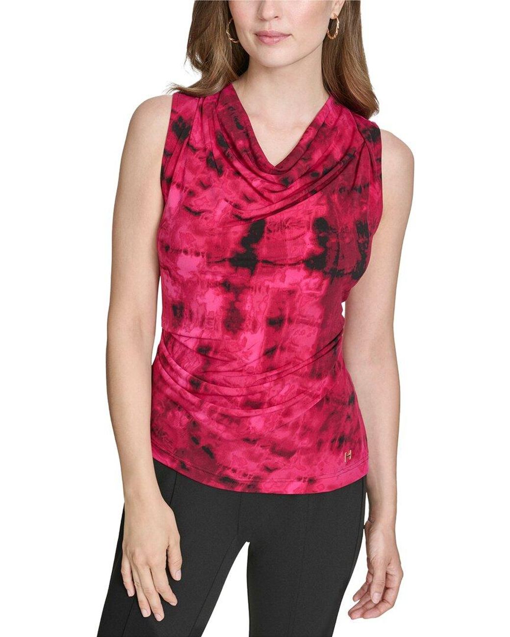 Halston Heritage Red Printed Cowl Neck Jersey Top