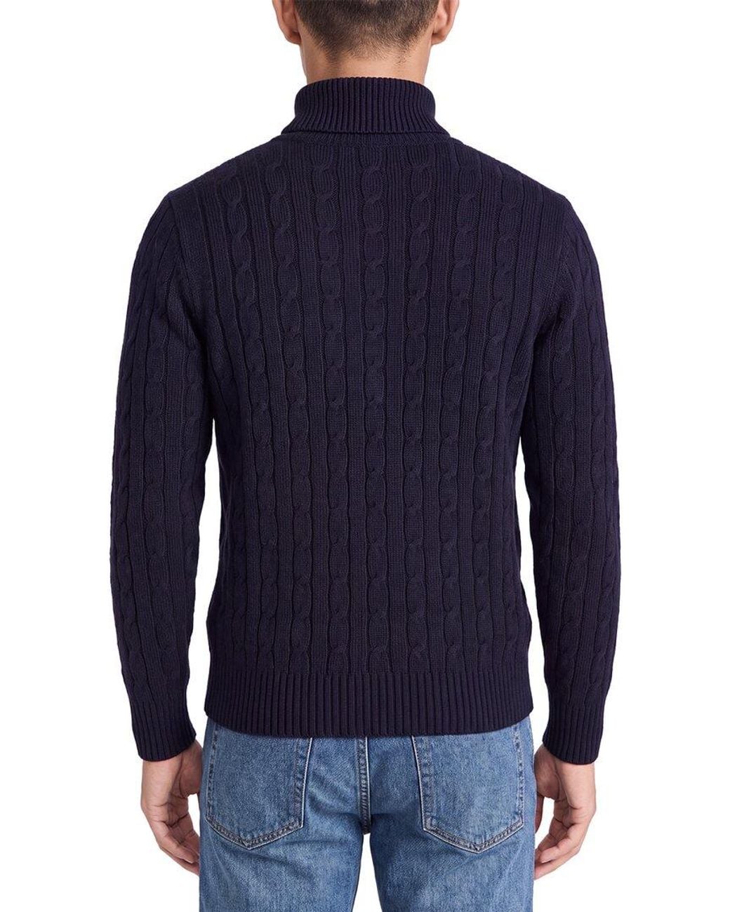 N.Peal Cashmere Blue Classic Cable 100% Cashmere Roll Neck Sweater for men