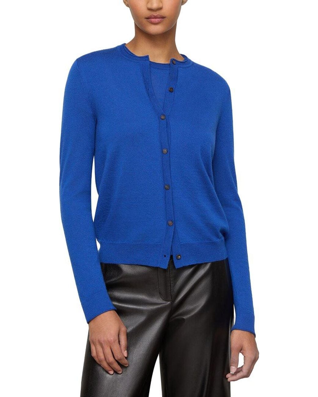 Lafayette 148 New York Blue Crewneck Button Front 100% Cashmere Cardigan