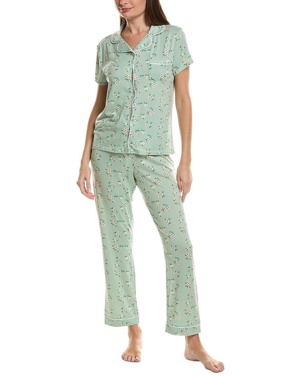 THREAD & STITCH Green 2Pc Notch Collar Top & Pant Pj Set