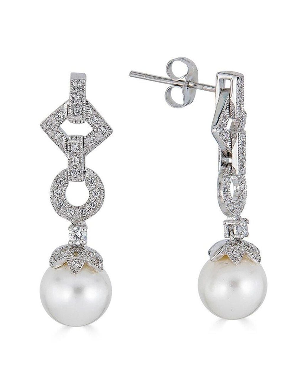 Belpearl White Silver 9mm Freshwater Pearl Cz Earrings