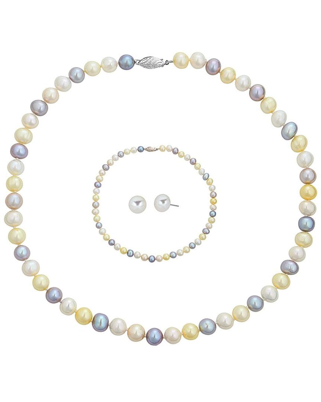 Belpearl White Silver 8-9mm Freshwater Pearl Necklace, Earrings, & Bracelet Set