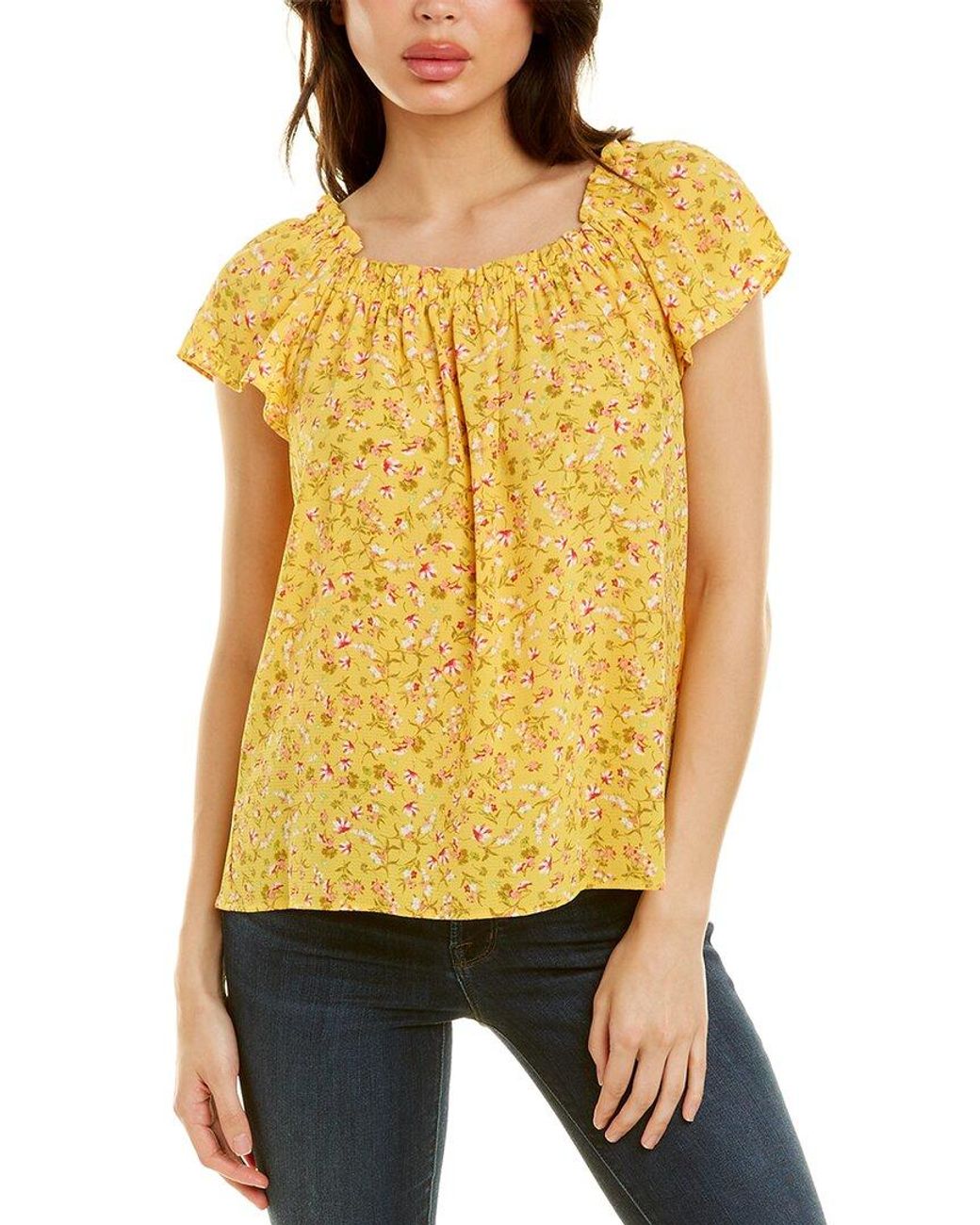 Cece Short Sleeve Square Neck Floral Blouse in Yellow | Lyst