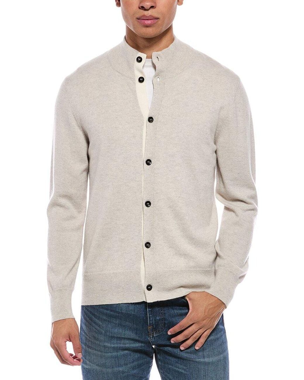 N.Peal Cashmere Natural 100% Cashmere Mock Neck Cardigan for men