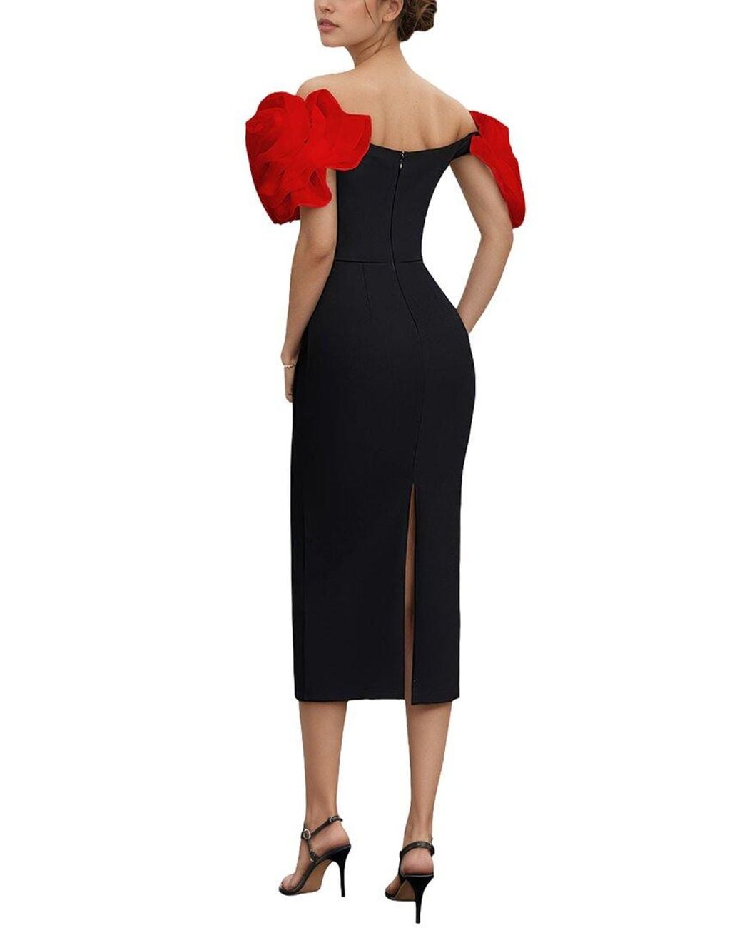 Dilireba Red Off Shoulder Solid Midi Dress