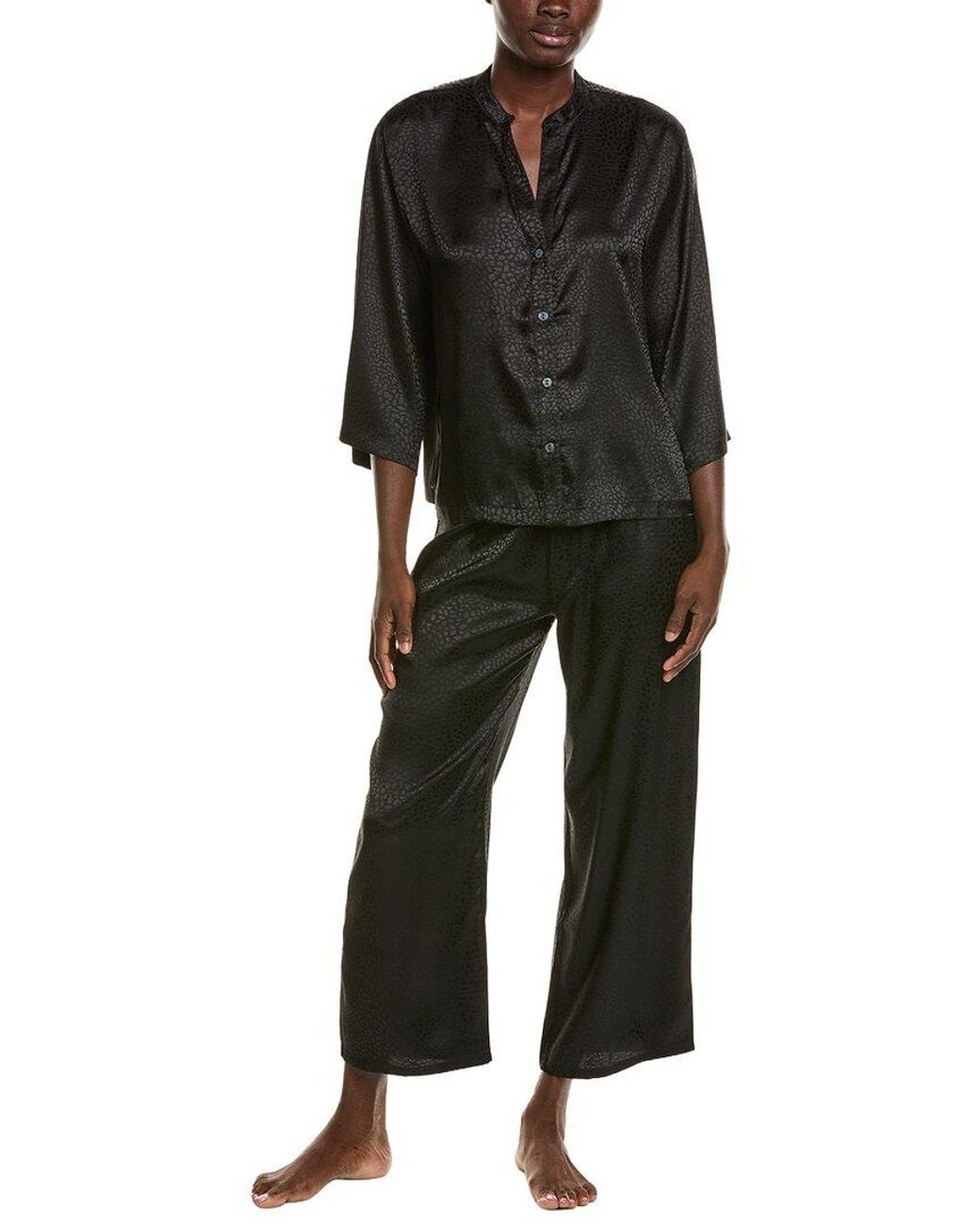 Natori Black 2Pc Wilderness Satin Jacquard Button Down Pajama Set