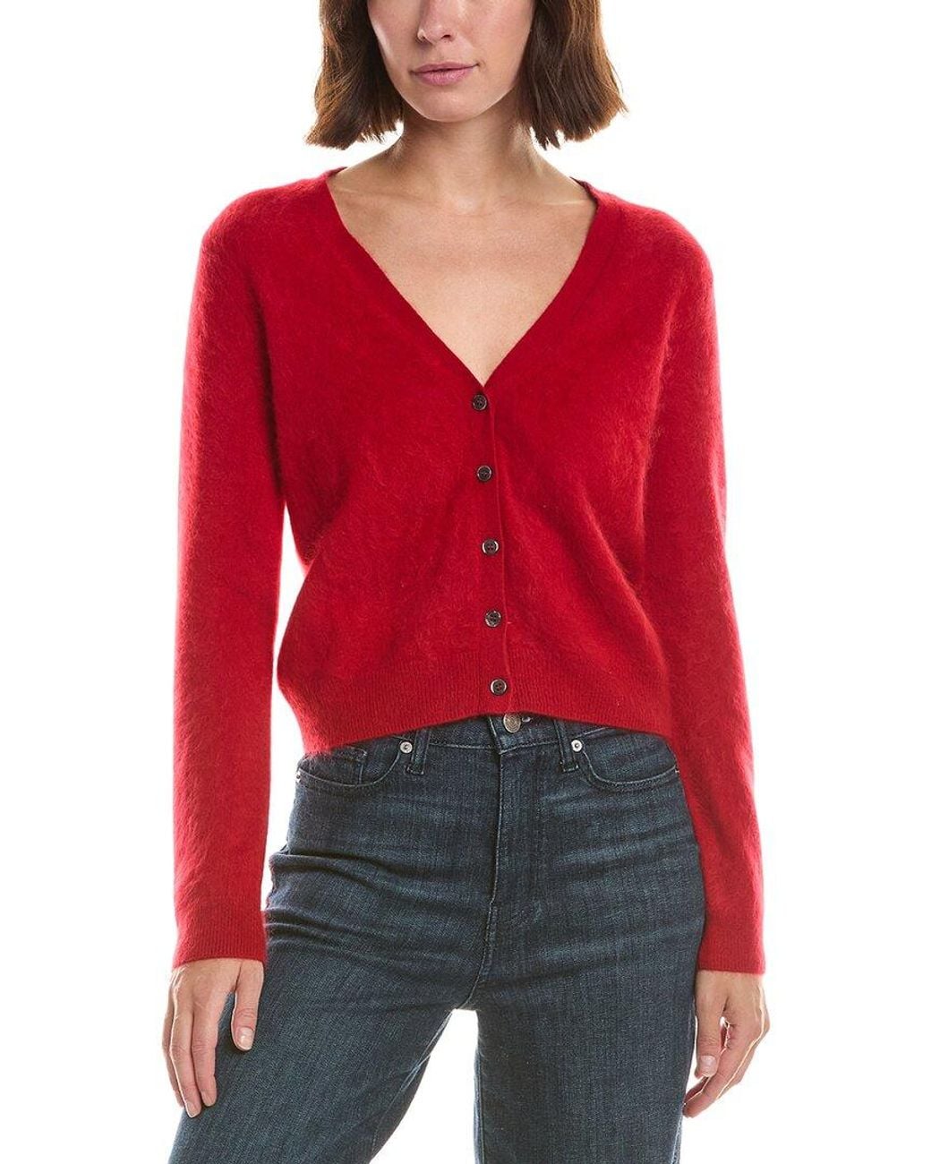 Sofiacashmere Red Brushed Cashmere Cropped 100% Cashmere Cardigan