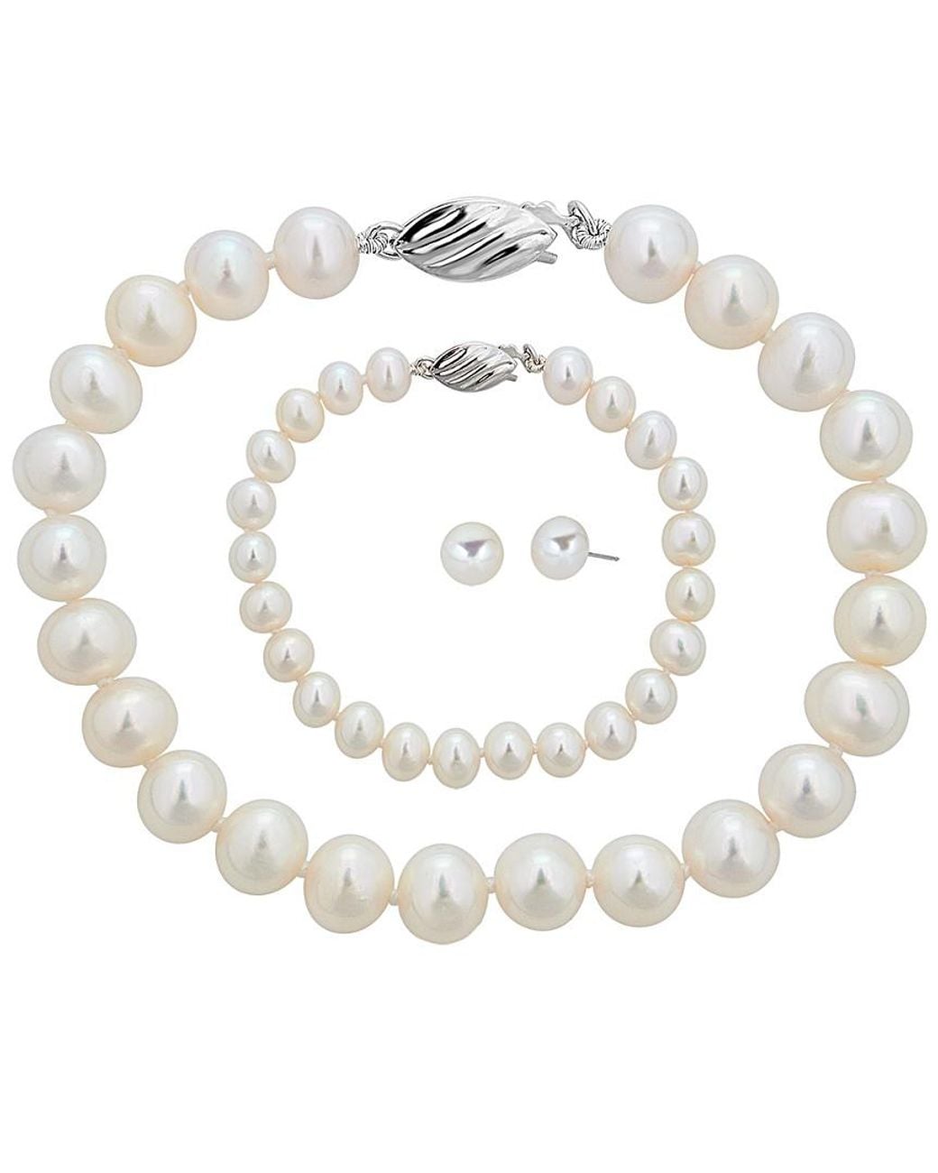Belpearl White Silver 8-9mm Freshwater Pearl Necklace, Earrings, & Bracelet Set