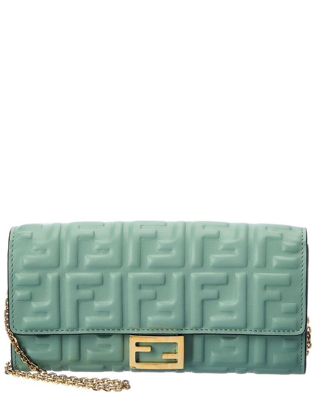 Fendi Baguette Leather Wallet On Chain in Green | Lyst