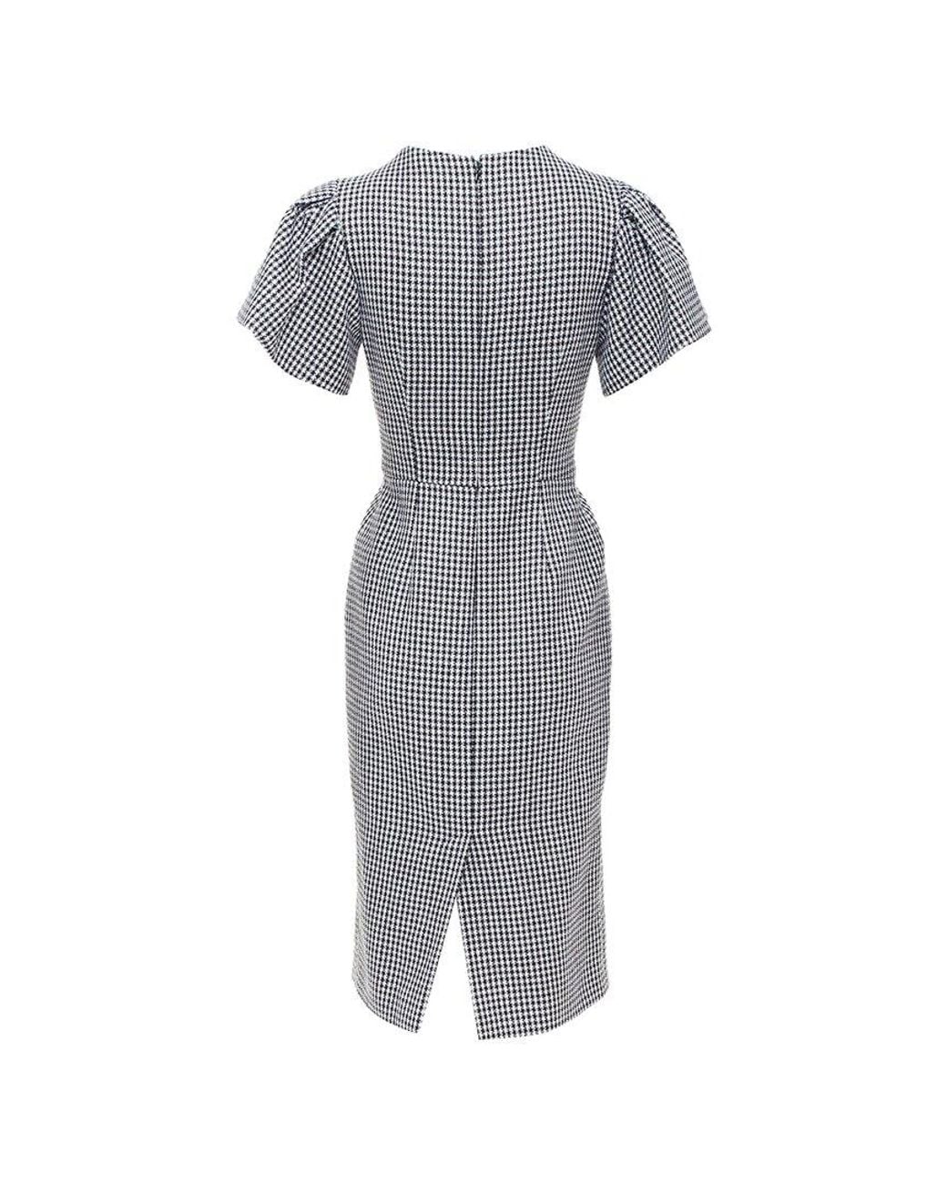 McQueen Gray Houndstooth Flounce Sleeve Pleat Check Cocktail Dress, Size It (Authentic Pre-Loved)