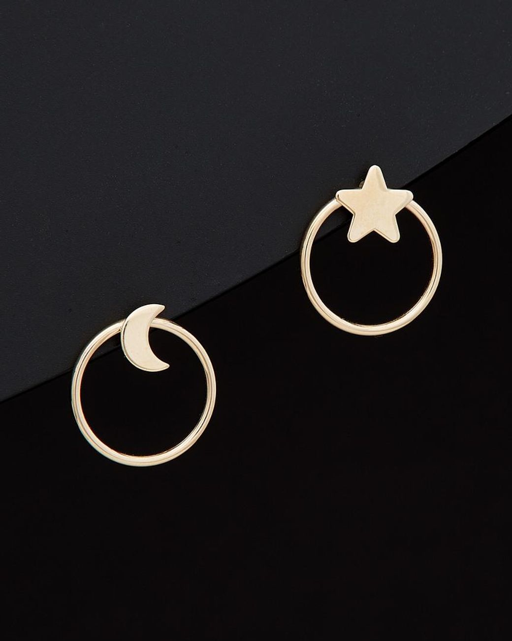 Italian Gold Black 14k Star And Moon Mismatched Stud Earring
