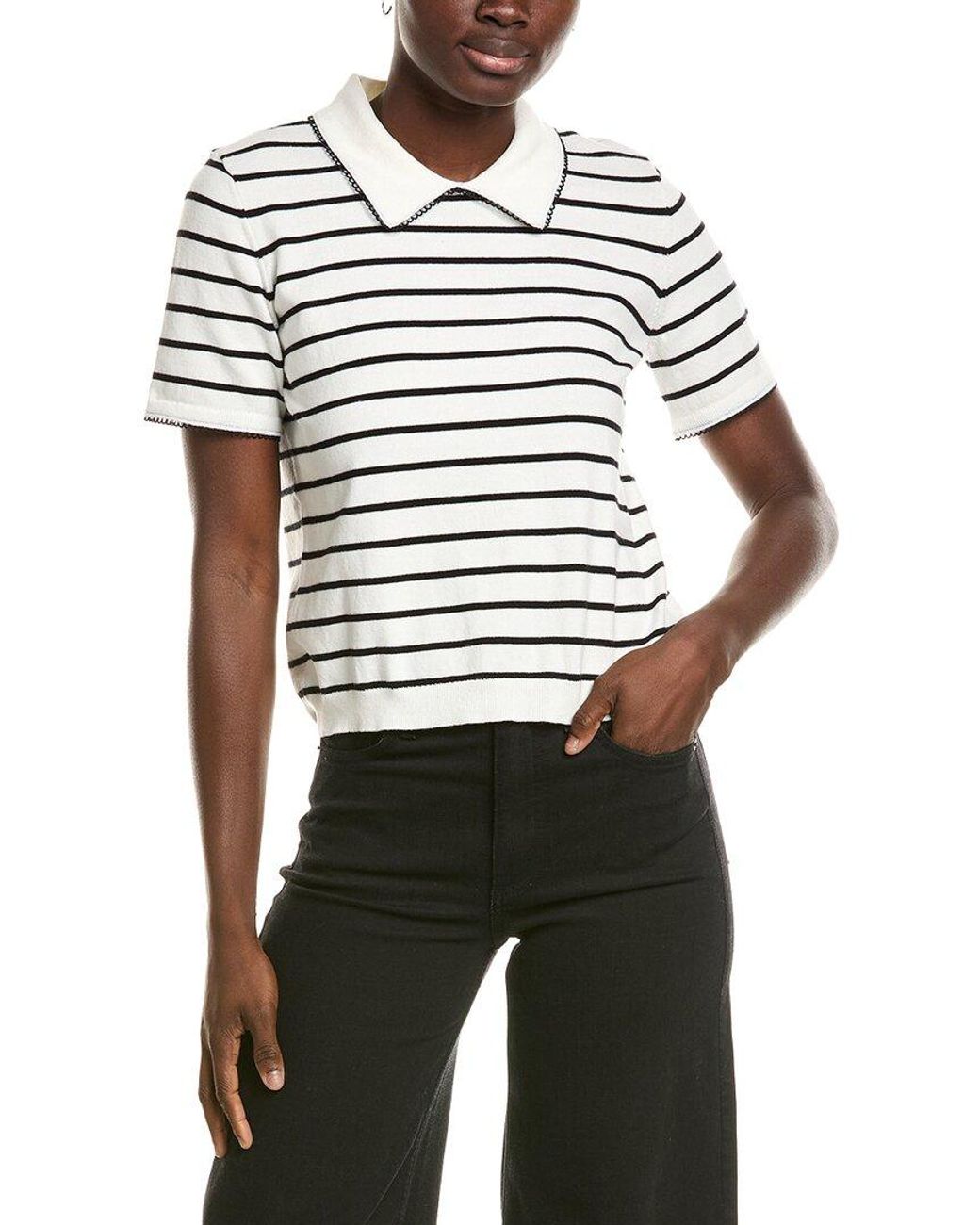 Cece White Stripe Contrast Trim Collar Top