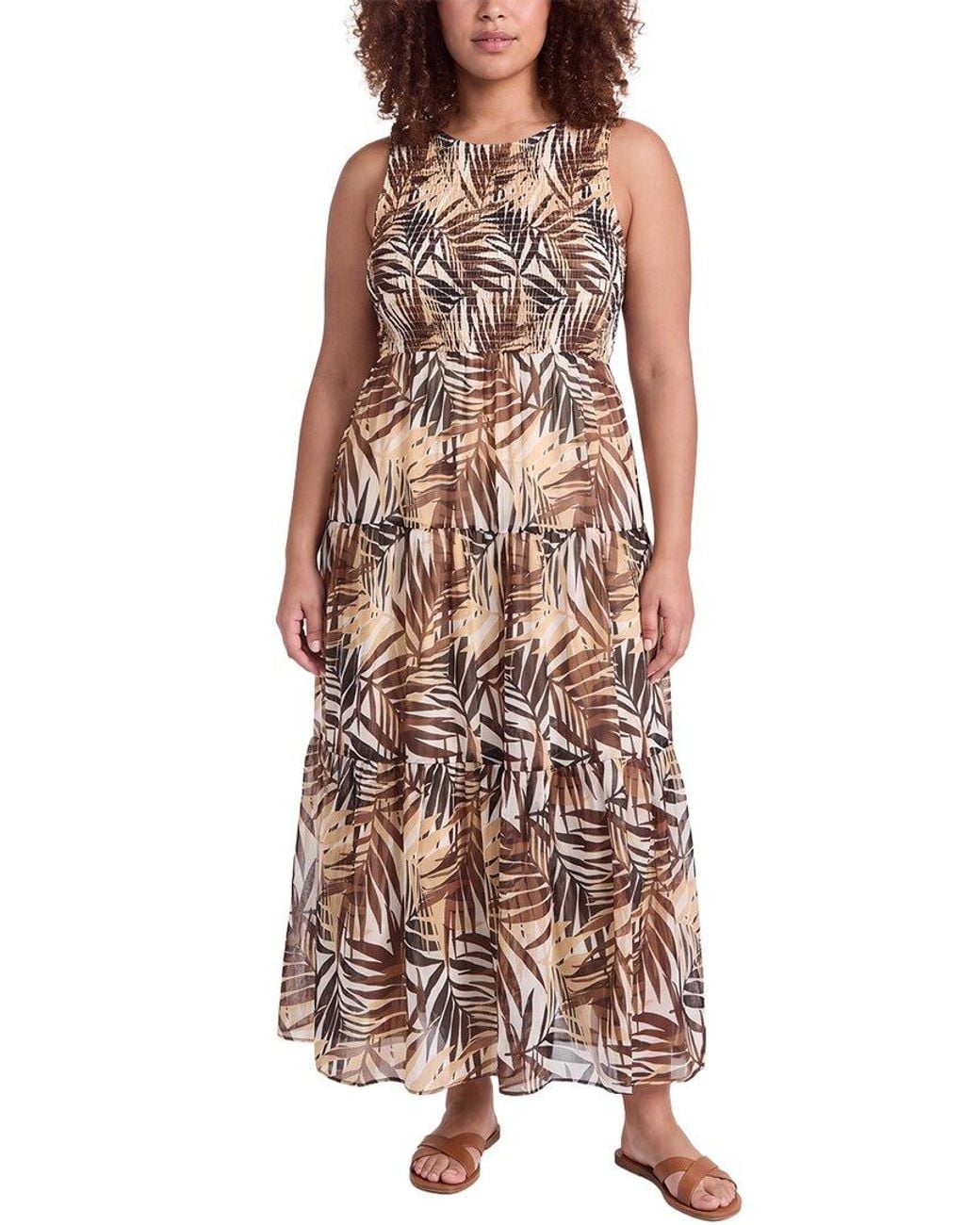 Anne Klein Brown Plus Smocked Bodice Tiered Dress