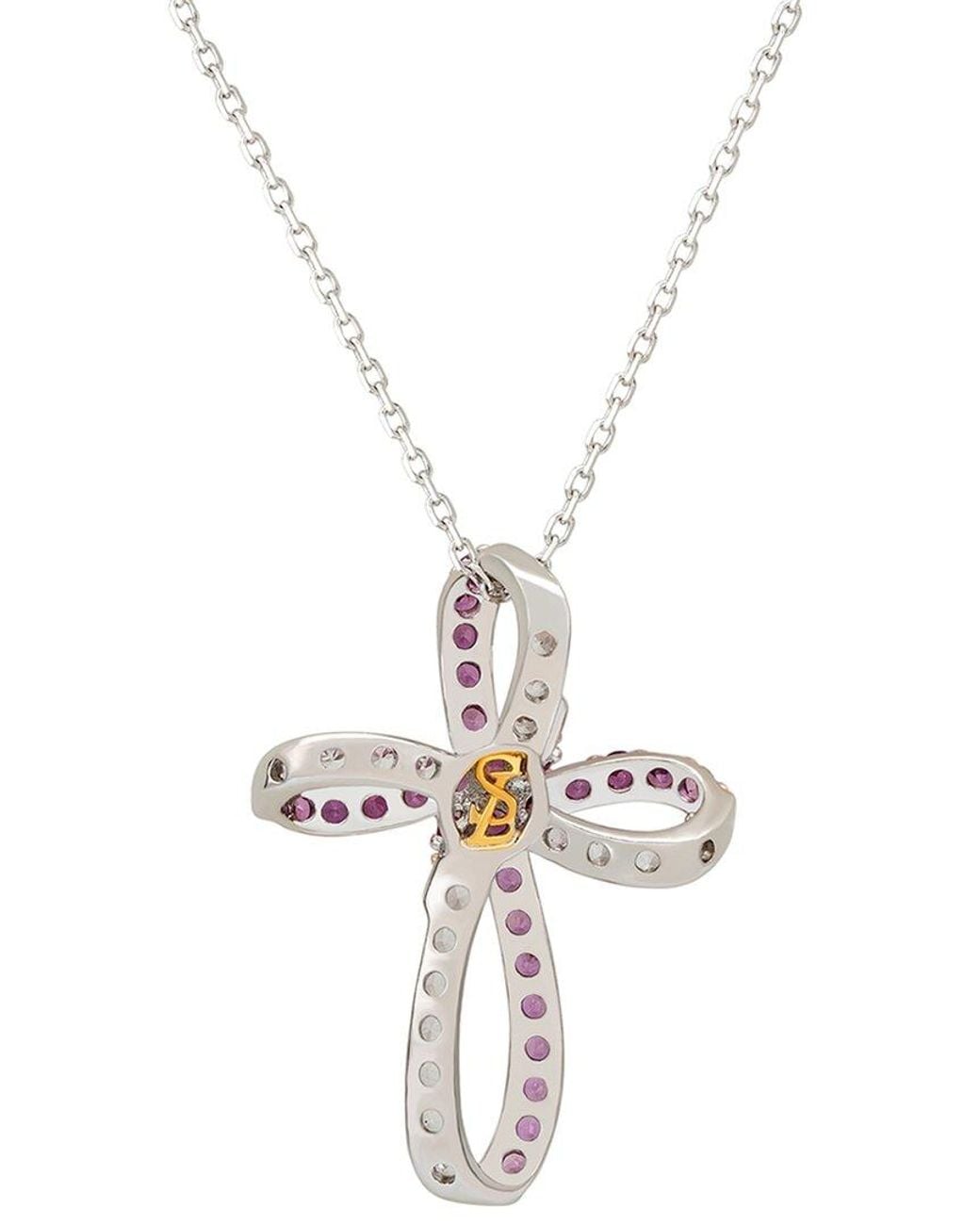 Suzy Levian Pink Silver 0.02 Ct. Tw. Diamond & Sapphire Cross Pendant