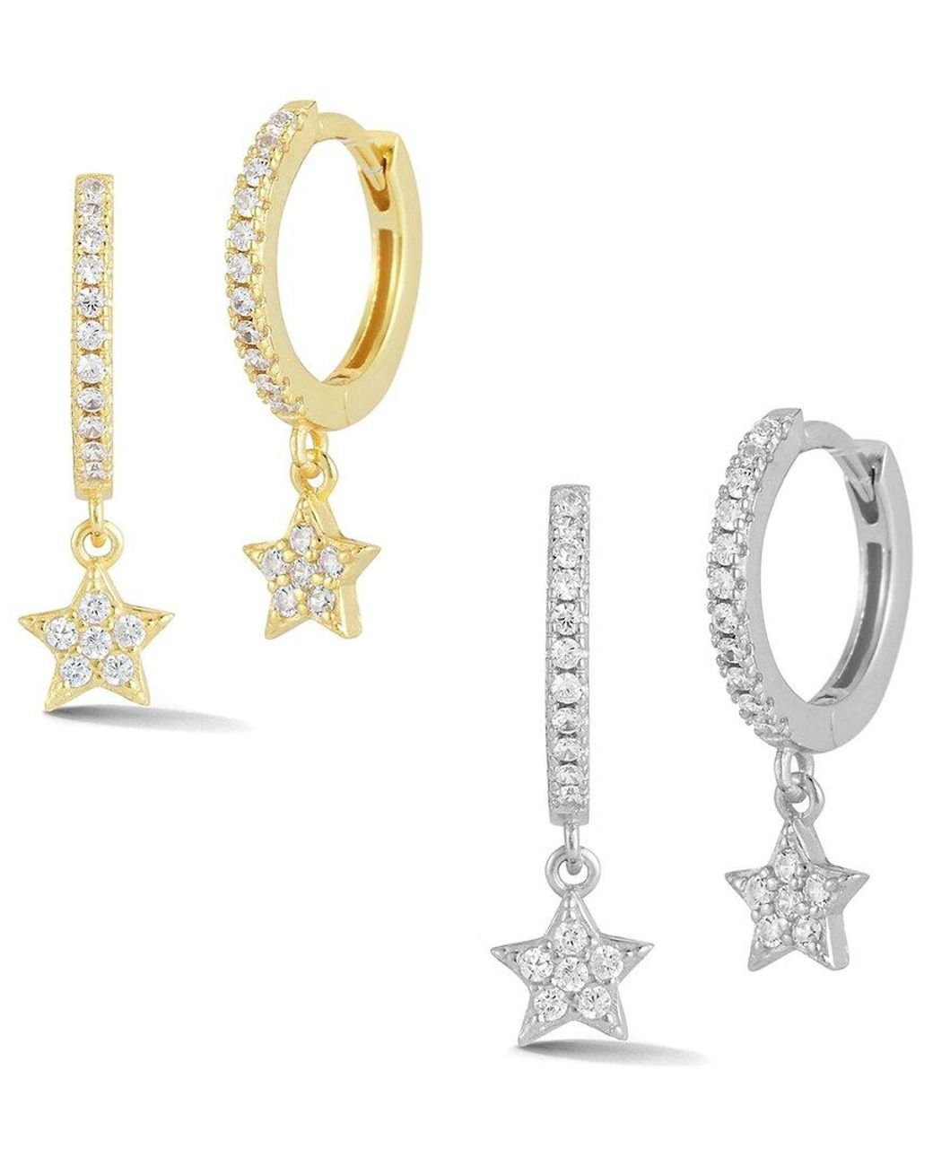 Glaze Jewelry White Silver Cz Star Charm Huggie Earrings Set