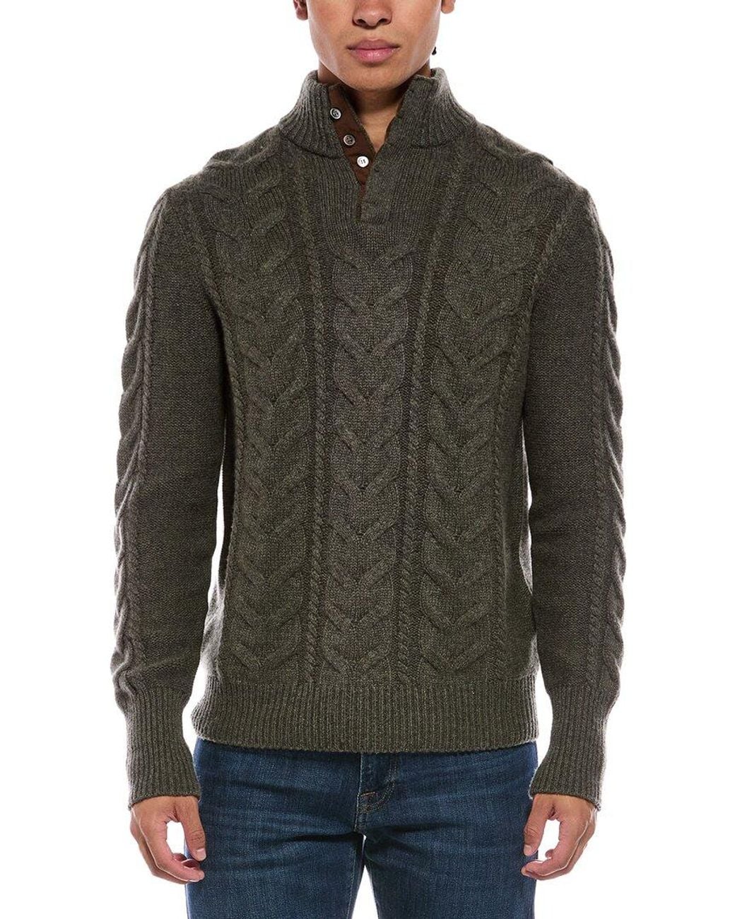 N.Peal Cashmere Green The Hampstead Cable 100% Cashmere Mock Neck Sweater for men