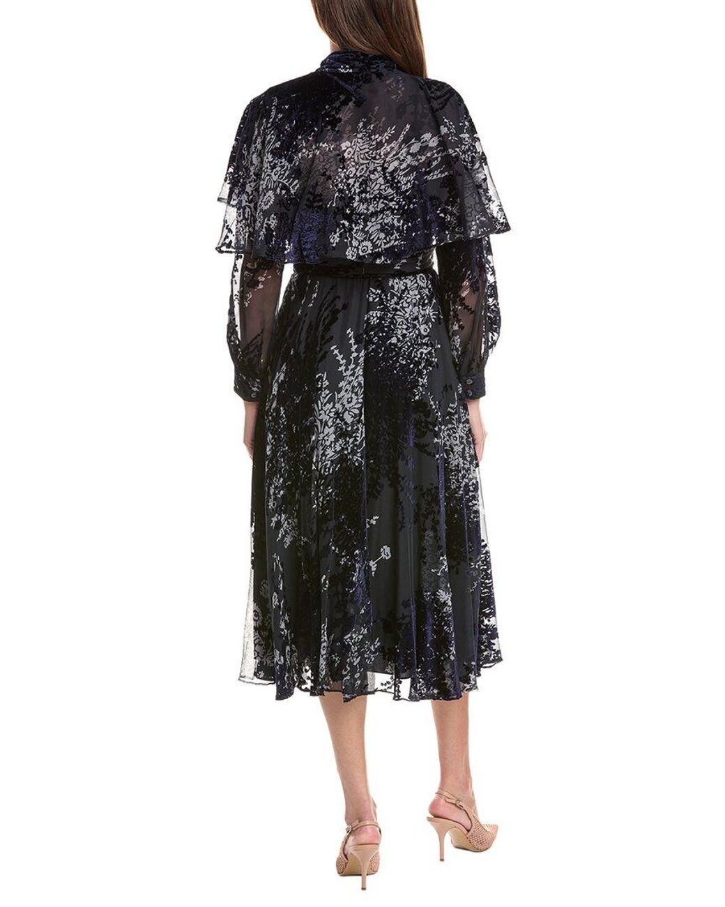 Teri Jon Black Floral Velvet Dress Tie-Neck Cape Dress