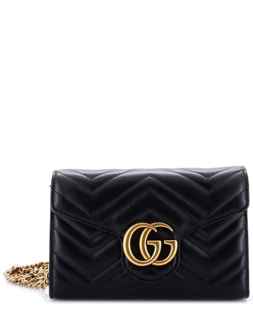 Gucci Black Matelasse Leather Gg Marmont Chain Wallet Mini (Authentic Pre- Loved)