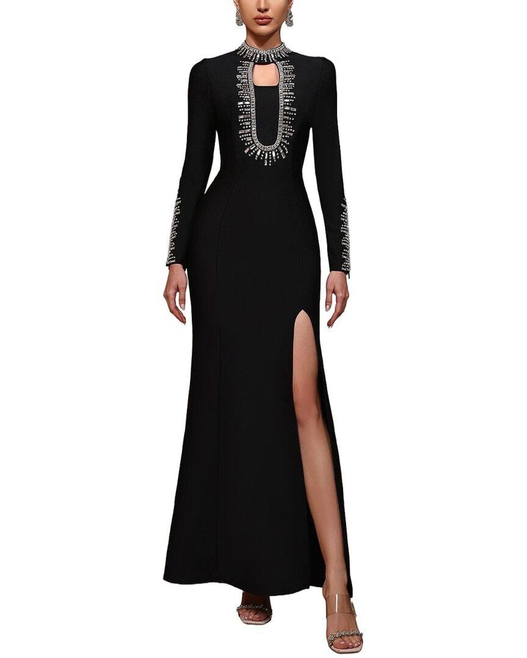 Dilireba Black Long Sleeve Embellished Maxi Dress