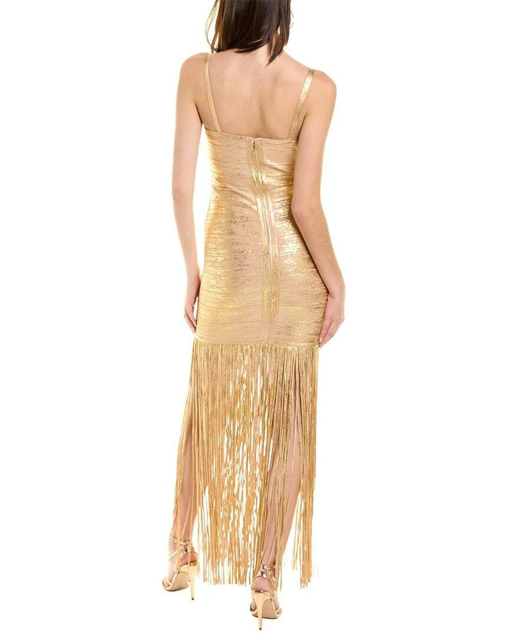 Herv Lger Herve Leger Banded Foil Fringe Gown in Metallic | Lyst Herv Lger Herve Leger Banded Foil Fringe Gown in Metallic | Lyst