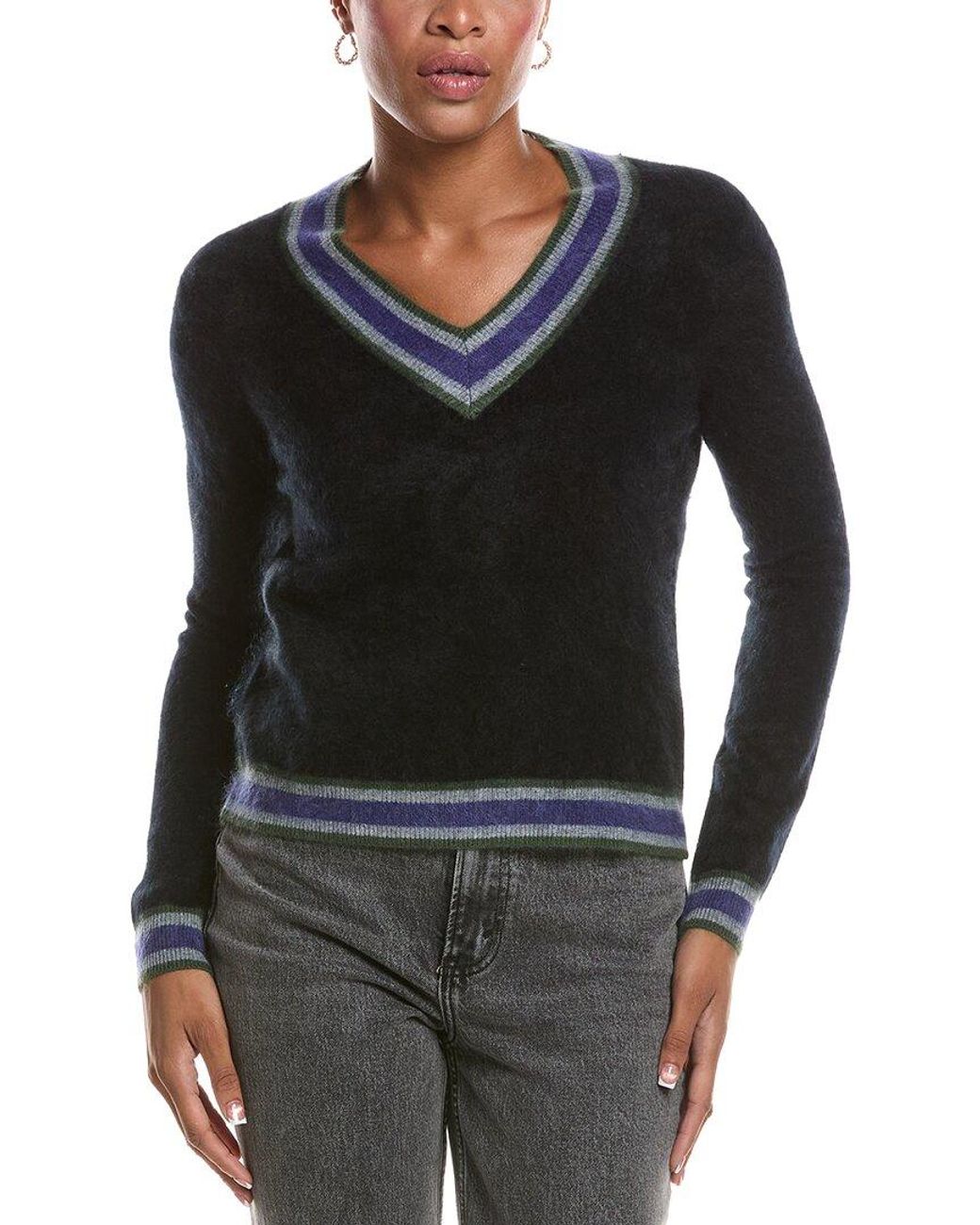 Autumn Cashmere Black Striped V 100% Cashmere Tennis Sweater