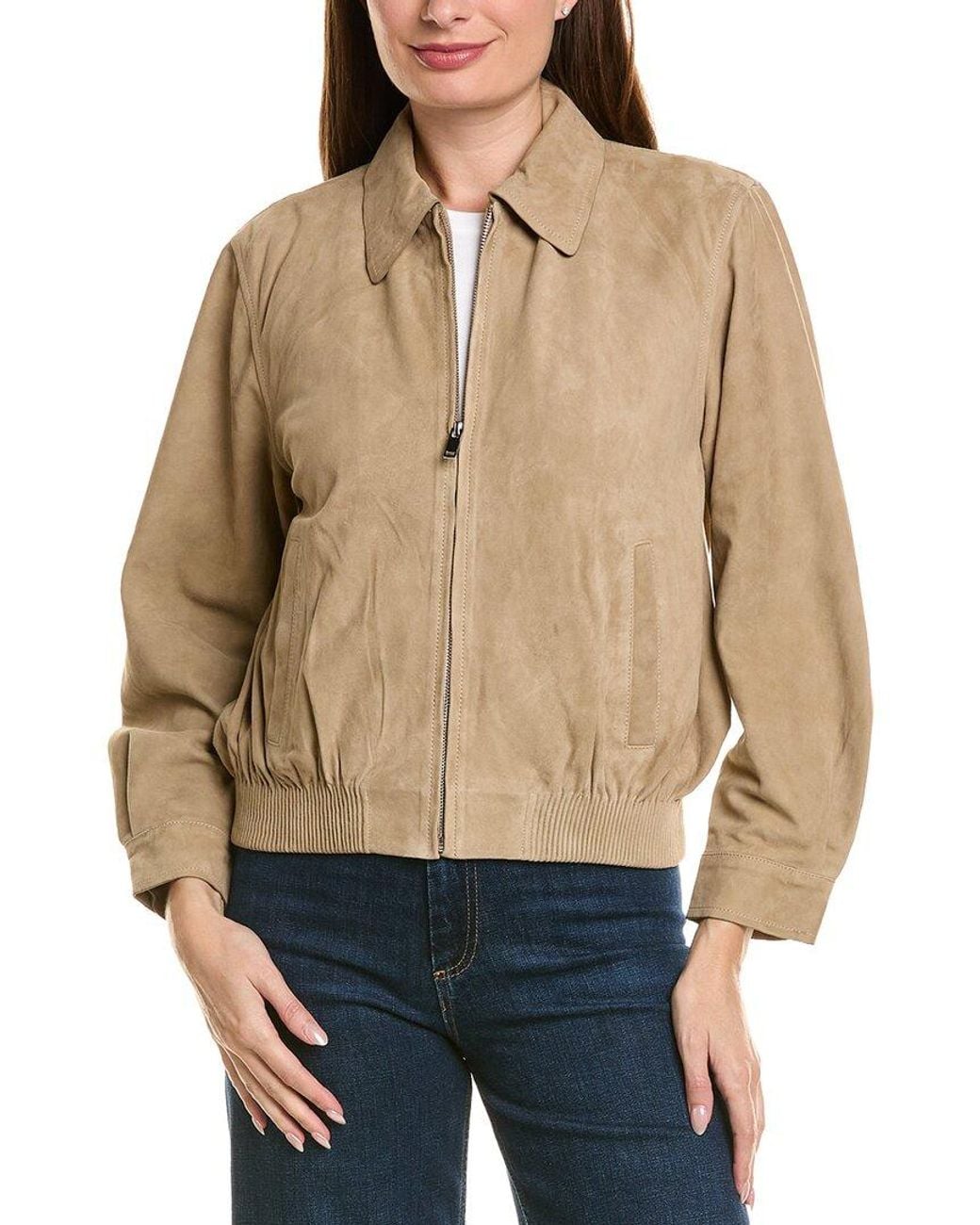 Neiman Marcus Natural Zip Up Collared Suede Jacket