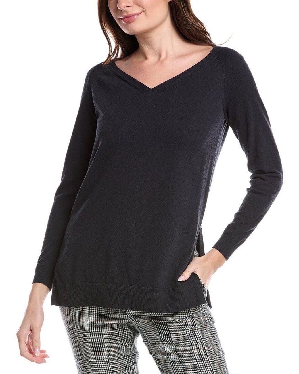 Lafayette 148 New York Black Plaited V-neck Pullover