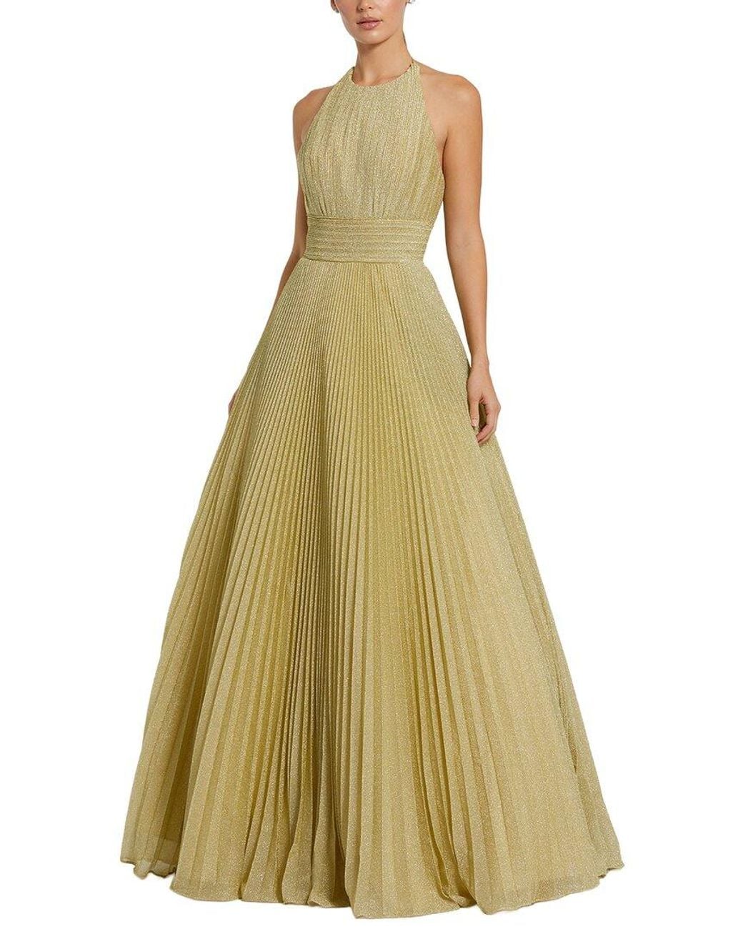 Mac Duggal Metallic Shimmering Pleated High Neck Ball Gown